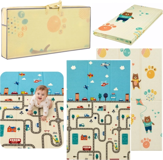 Alfombra plegable infantil de espuma de doble cara para gatear, con carretera y ositos 120 × 180 cm