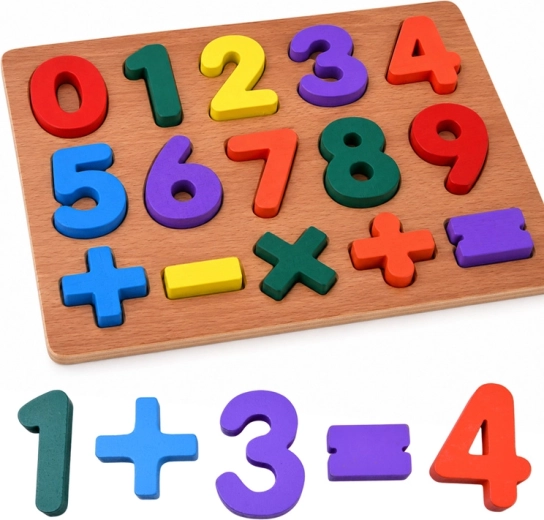 Puzzle educativo de madera con números y símbolos matemáticos