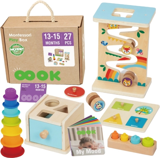 Woopie green caja Montessori 6 en 1 set educativo de madera para niños de 13–15 meses