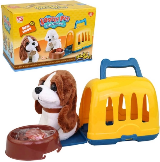 Set de juego de perrito de peluche con caja de transporte y accesorios