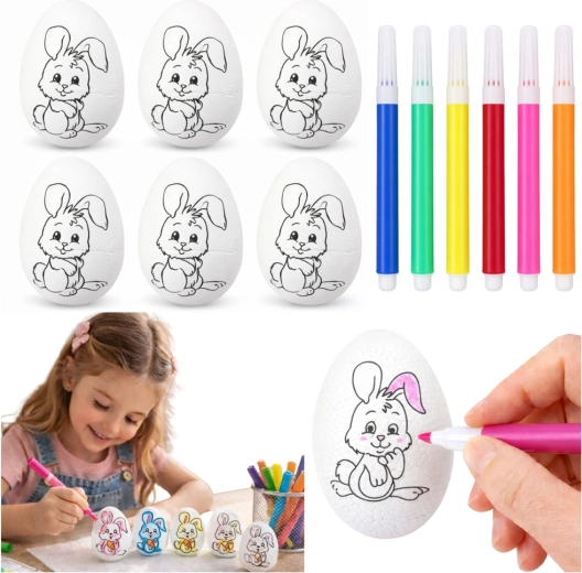 Huevos de Pascua de poliestireno para colorear con conejito y rotuladores - 6 uds.
