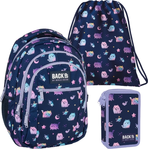 Set escolar BackUP Violet Kittens 3 en 1: mochila, estuche equipado y bolsa