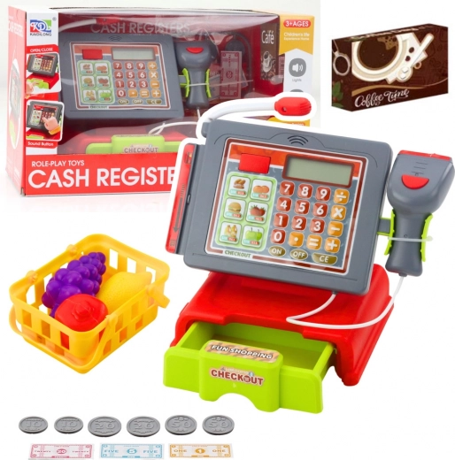 Caja registradora infantil con accesorios, cesta y fruta: luces y sonidos, roja