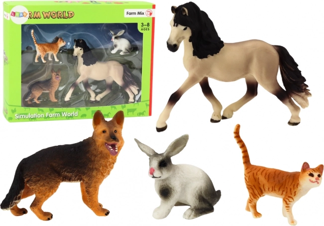 Set de figuras de animales domésticos - Caballo, Perro, Conejo, Gato, 4 piezas