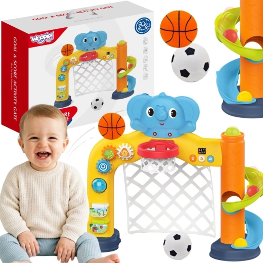 Centro deportivo interactivo Woopie baby 2 en 1 – portería y canasta de baloncesto con elefantito