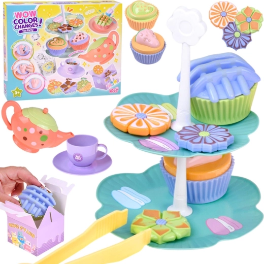 Set de té con cambio mágico de color, soporte de dos niveles y dulces