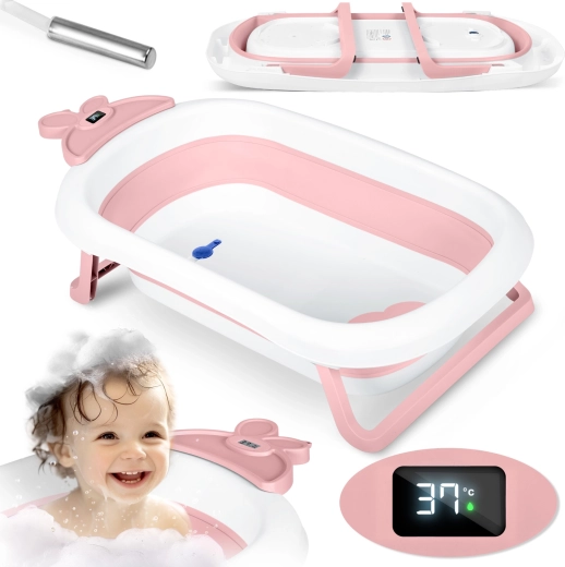 Bañera infantil plegable con termómetro LCD, blanca/rosa