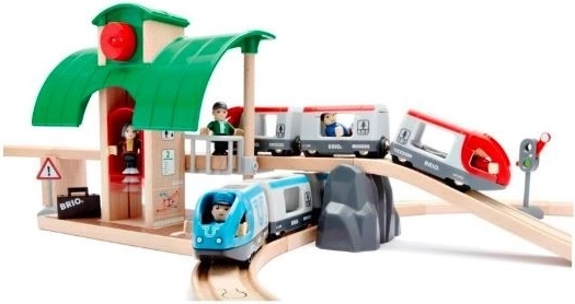 Dos trenes de pasajeros y figuras de viajeros