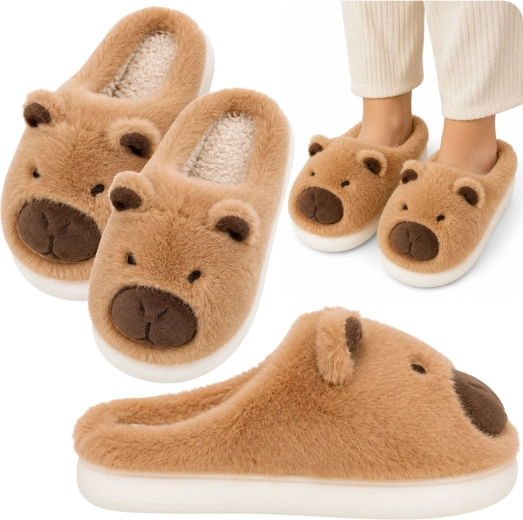 Zapatillas de casa de felpa capibara con orejitas, beige (talla 34–35)