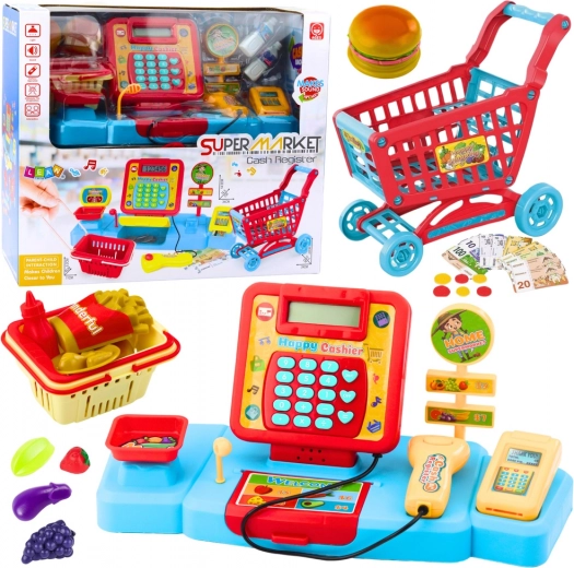 Set de juego infantil: caja registradora, cesta y alimentos con efectos