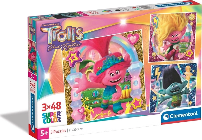 Puzzle Trolls de Clementoni, 3×48 piezas
