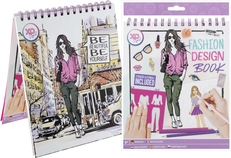 Set creativo de diseñadora de moda – cuaderno de bocetos con plantillas y pegatinas