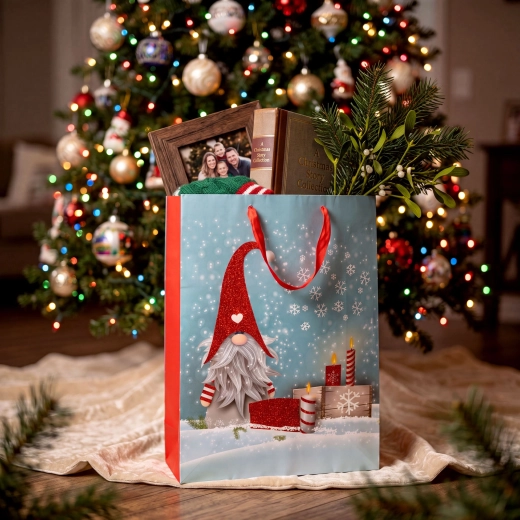 Bolsa de regalo navideña con duende y purpurina 31 × 42 × 12 cm - 1 unidad
