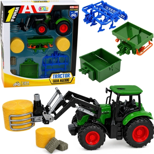 Set de granja: tractor con cargador frontal y pinzas para pacas 1:24