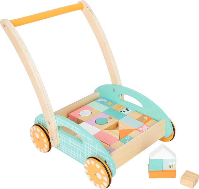 Small Foot carrito de madera con bloques pastel