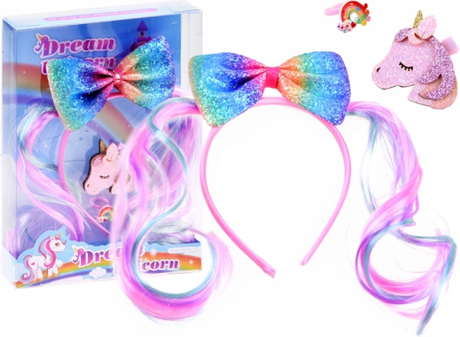 Set de accesorios para el cabello para niñas con lazo arcoíris, unicornio y anillo