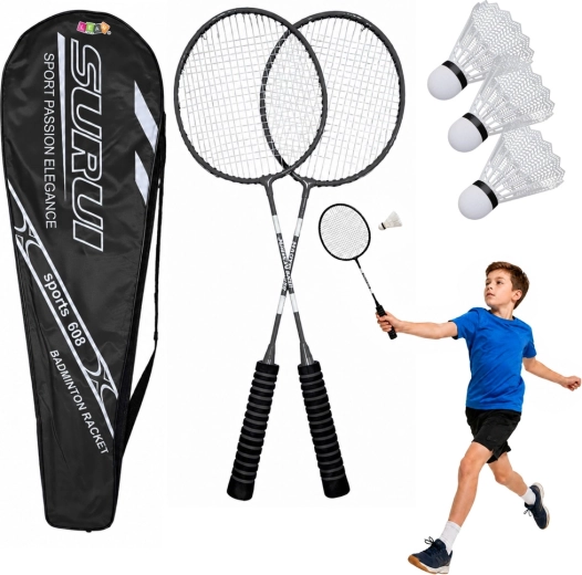 Set de bádminton con 2 raquetas, 3 volantes de plástico y funda, negro