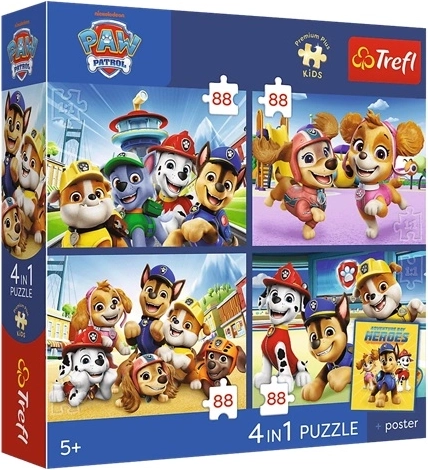 Puzzle Trefl 4 en 1 Patrulla Canina (4×88 piezas) con póster