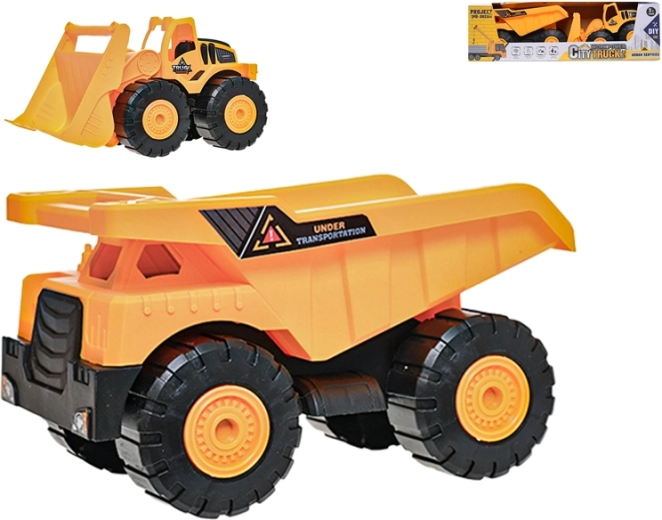 Juego de vehículos de construcción: excavadora cargadora de 24 cm y camión volquete de 26 cm