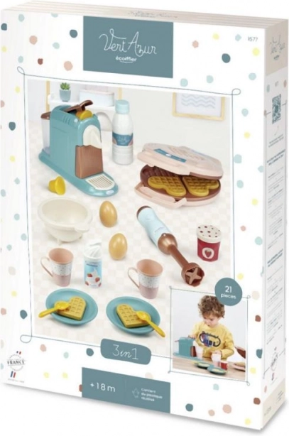 Set de desayuno 3 en 1: cafetera, gofrera y batidora de mano para niños