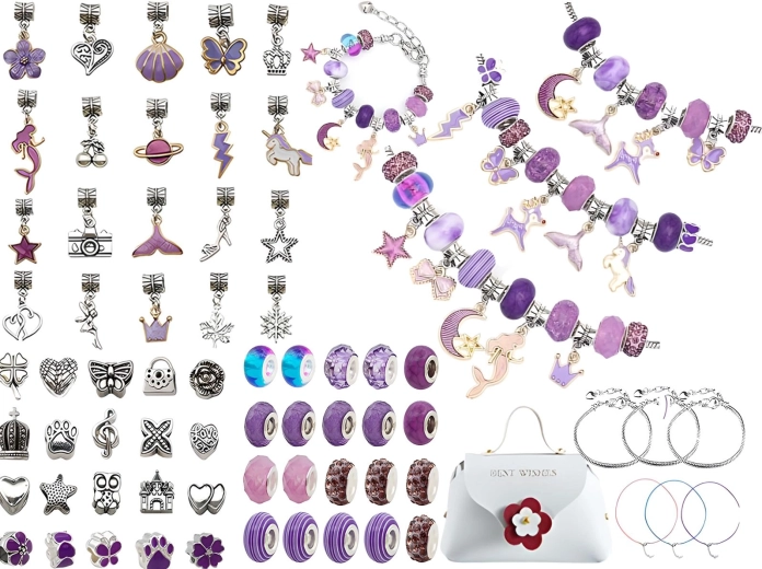 Set para hacer pulseras con colgantes en tonos morados con neceser (66 piezas)