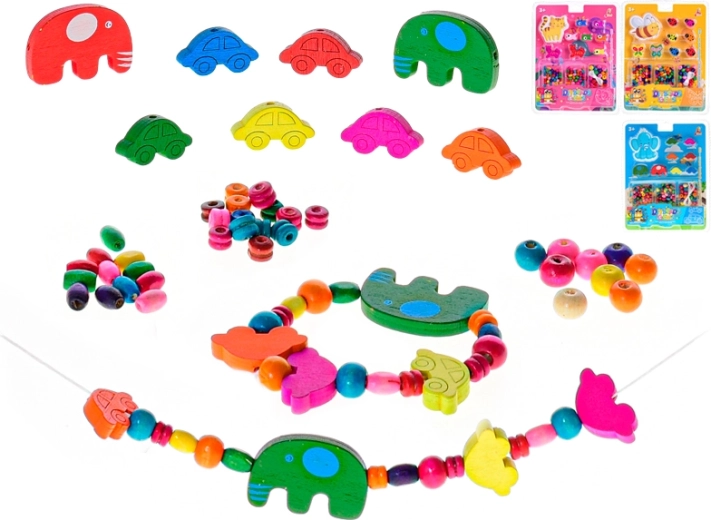 Cuentas de madera para ensartar para niños – amarilla, rosa y azul