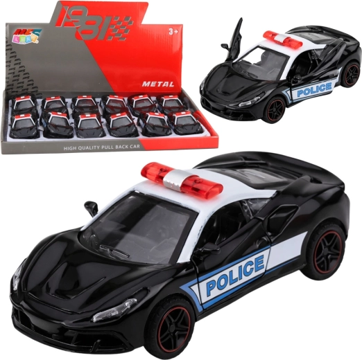 Coche deportivo de policía metálico 1:43 con mecanismo pull-back, blanco y negro, puertas abatibles