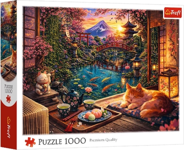 Puzzle de 1000 piezas: gato en un jardín de sakuras