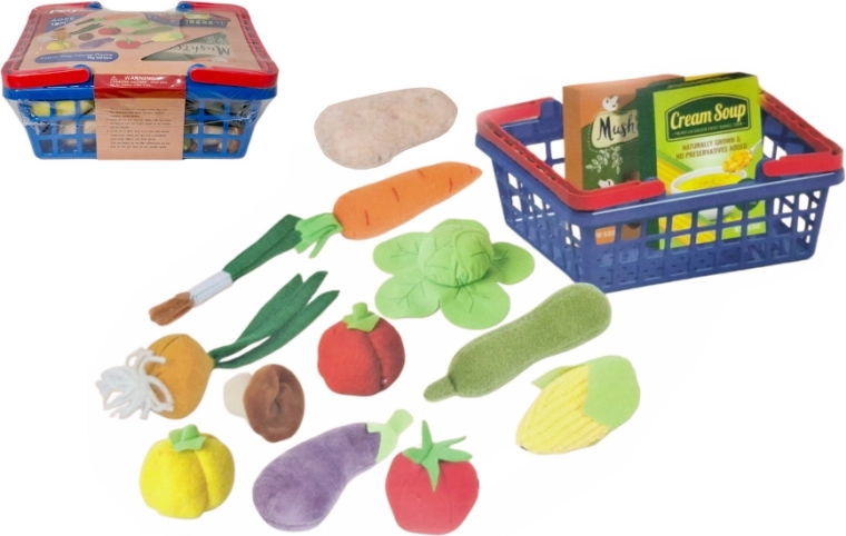 Set de cocina de peluche con alimentos en cesta de la compra