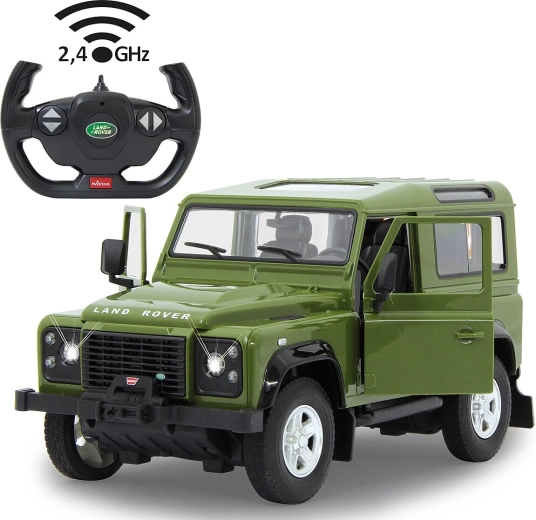 Coche RC Jamara Land Rover Defender 1:14 verde 2,4 GHz con LED y puertas que se abren