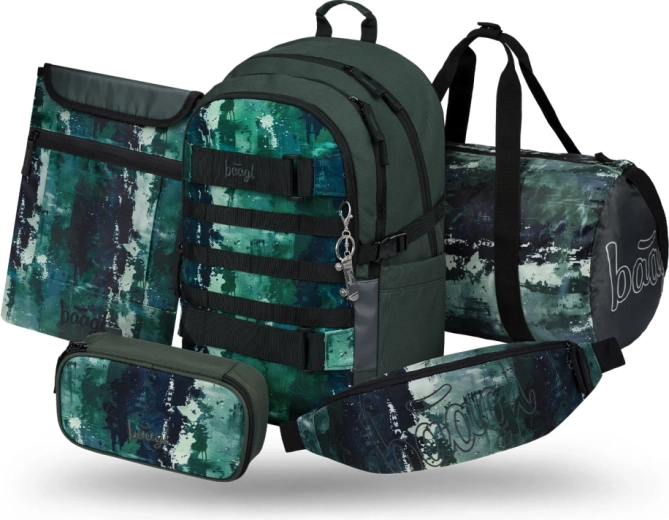 Set Baagl Skate Forest: mochila escolar, estuche, bolsa deportiva, riñonera y funda para portátil