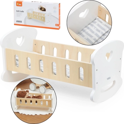 Cuna de madera Viga para muñecas con ropa de cama y motivo de corazón