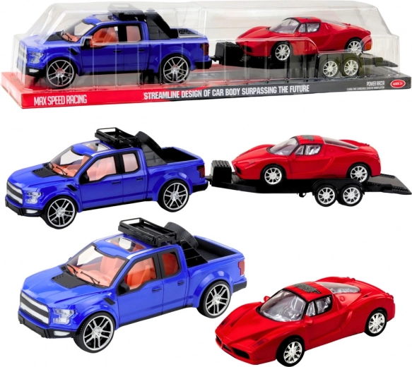 Set de vehículo todoterreno con remolque y coche deportivo