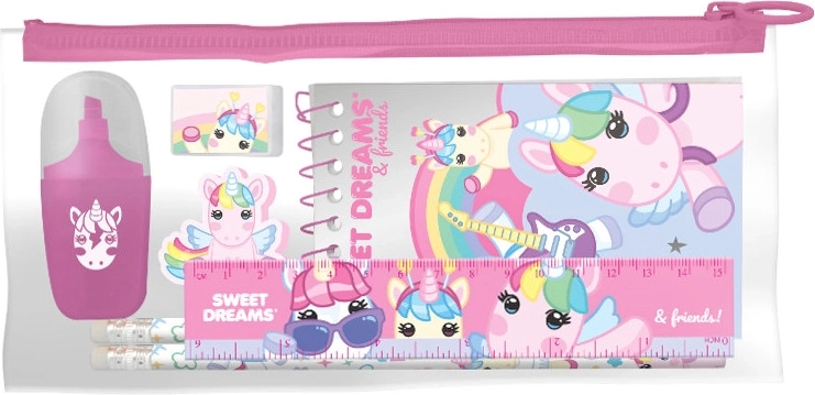 Set de escritura en estuche transparente con motivo de unicornio