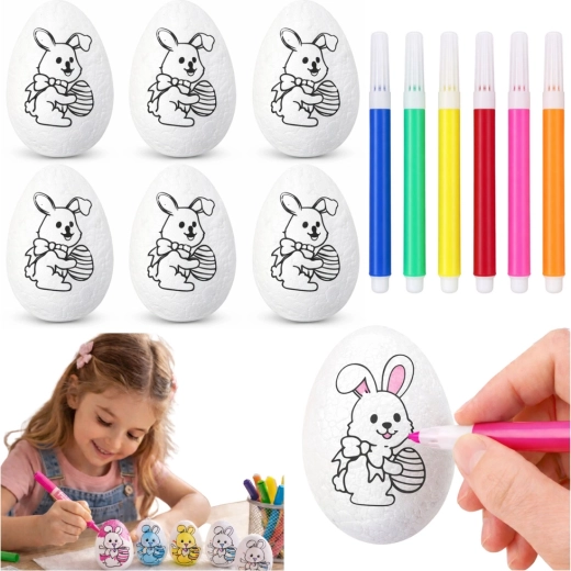 Huevos de poliestireno de Pascua para colorear con conejito - 6 uds.