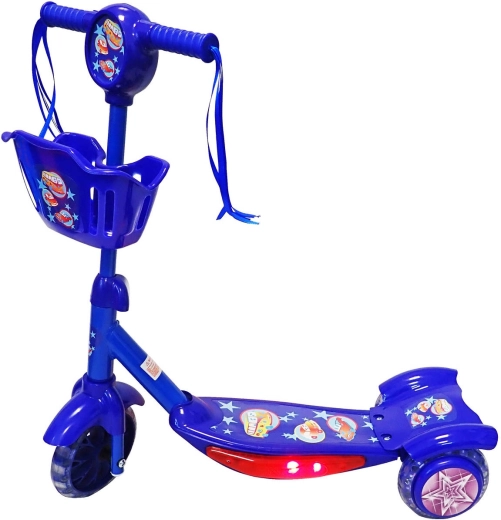 Patinete infantil de tres ruedas KUBIsport con cesta y plataforma iluminada azul