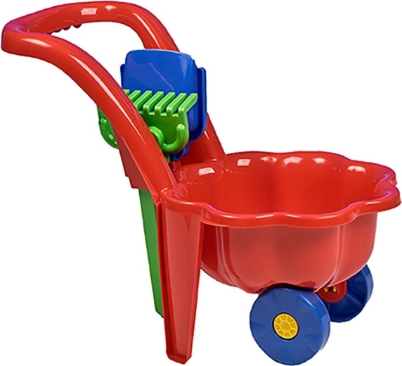 Carretilla de jardín infantil con pala y rastrillo BAYO Sedmikráska – roja