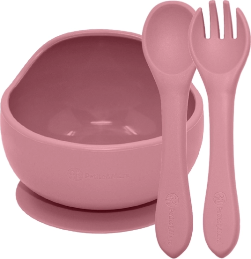 Set de comida de silicona Petite&Mars Take&Match: cuenco con ventosa + cubiertos dusty rose (6m+)