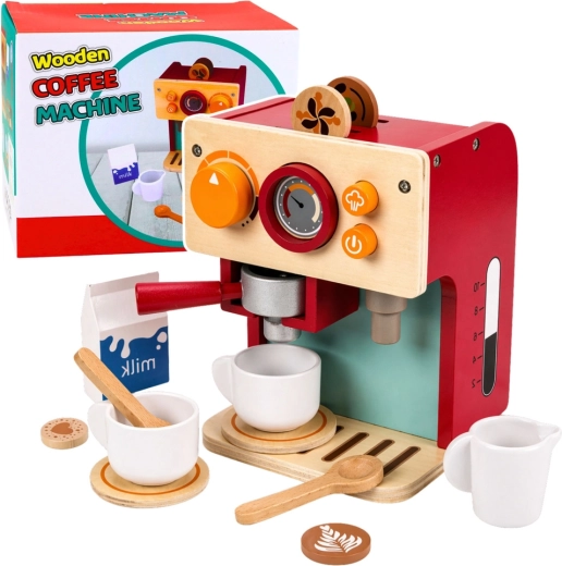 Cafetera de madera para pequeños baristas con tazas y accesorios