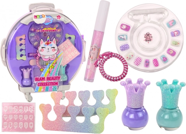 Maletín cosmético infantil para uñas y maquillaje, morado, 9 piezas