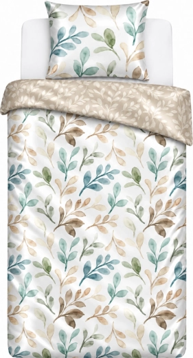 Ropa de cama de satén de algodón MILAGRO VERDE con motivo de hojas en beige y verde, 140 × 200 cm