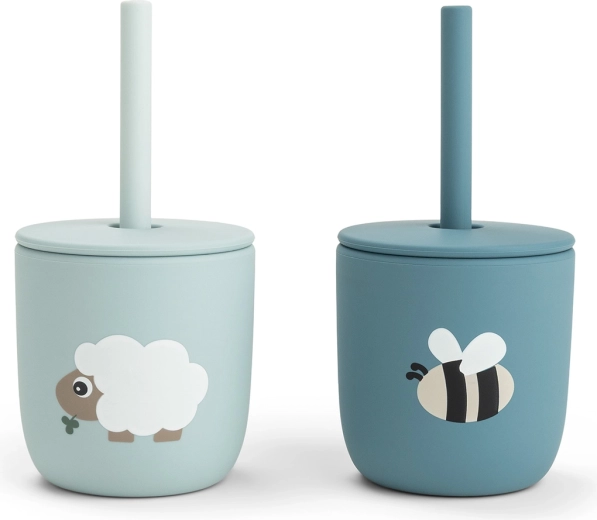 Vasos de silicona con pajita Done by Deer Tiny farm - 2 uds. – Azul