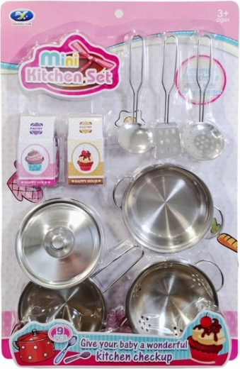 Juego de cocina infantil de ollas y utensilios metálicos con accesorios