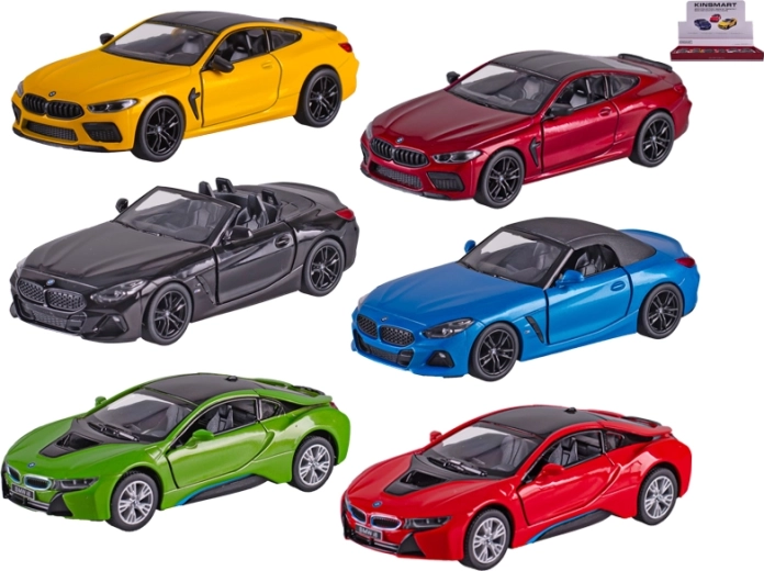 Modelo metálico de coche Kinsmart BMW 1:38 con mecanismo de retroceso y puertas que se abren