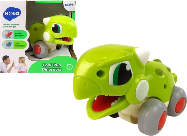 Dinosaurio verde con ruedas – juguete para niños de «presiona y avanza»