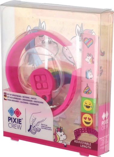 Pixie Crew set 3 en 1 unicornio: pulsera, llavero y chapa
