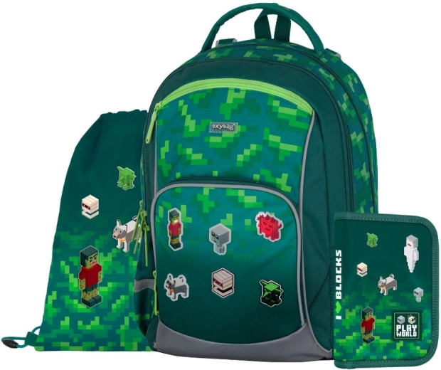 Set escolar OXYBAG OXY GO Playworld: mochila, estuche y bolsa para educación física