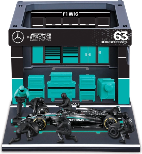 Set de pit pass de carreras de Fórmula F1 Bburago Mercedes-AMG Petronas W16 2025 George Russell 1:43