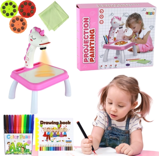 Proyector de dibujo de unicornio – set rosa con rotuladores y discos
