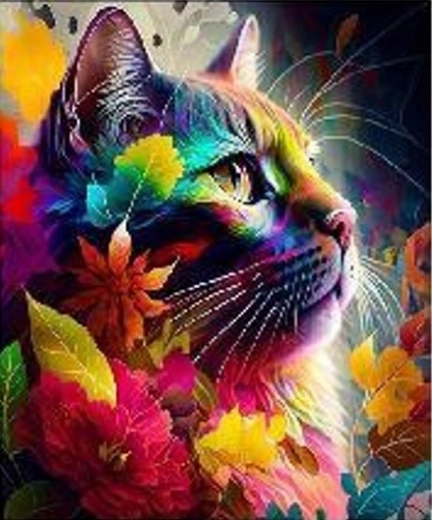 Mosaico de diamantes - Gato de colores con fondo de hojas